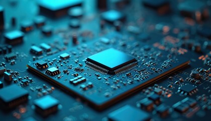 Close up of circuit board with microchips, many electronic components. Blue light illuminates complex digital hardware, showing advanced tech. Detailed image displays modern computing, data