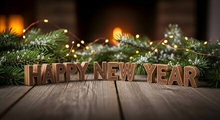 Obraz premium Carved Wood Happy New Year Decor on Snowy Winter Surface