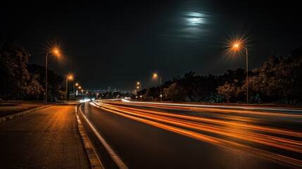 Obraz premium A winding road illuminated by streetlights shows streaks of light from passing cars at night. The soft glow of the moon is reflected on the clouds creating a serene atmosphere.