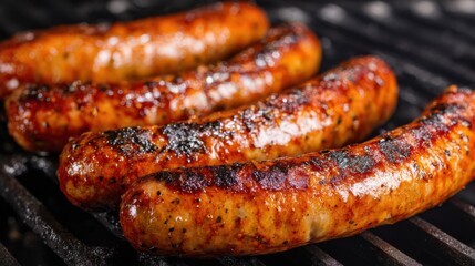 Fototapeta premium Sausages are sizzling on a barbecue grill producing smoke and a savory aroma. This scene captures a lively summer cookout filled with delicious food.
