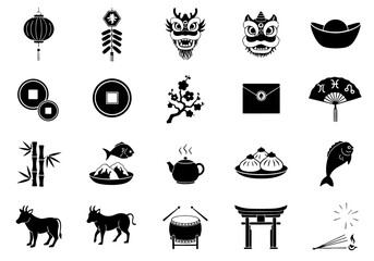 Chinese New Year Essentials Icon Set Minimalist Black Vector