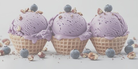 Sweet purple ice cream scoops in waffle cones topped with blueberries and nuts placed on a light background - Low Contrast