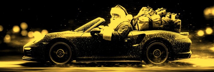 Santa drives a sports car loaded with gifts during a snowstorm at night