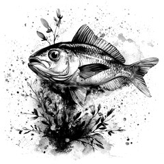 Glistening fish swimming through aquatic plants in a watercolour art style