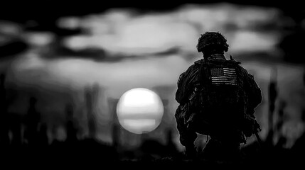 Soldier kneeling against a sunset on a military landscape during twilight hours