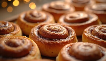 Fototapeta premium Close-up of golden brown cinnamon rolls dusted with powdered sugar. Baked pastry swirls with visible texture, ready to eat, perfect for breakfast.
