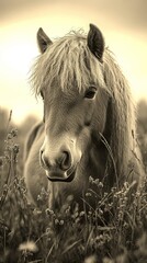 Miniature horse stands peacefully in a field with wildflowers on a cloudy day in a rural landscape