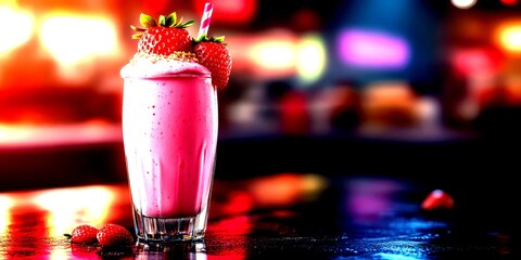 Refreshing strawberry milkshake served in a tall glass with fresh berries on a vibrant restaurant table - High Contrast