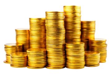 Stacks of golden coins, cutout, PNG isolated on white or transparent background, generated AI