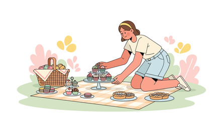 A Woman Organizes Delicious Baked Goods, Perfect Food for a Relaxing Picnic Day
