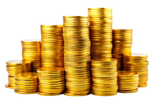 Stacks of golden coins, cutout, PNG isolated on white or transparent background, generated AI - Powered by Adobe