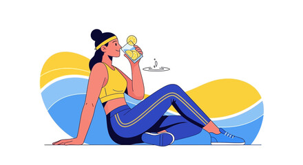 A woman taking a break from exercise drinking lemonade and staying hydrated illustration