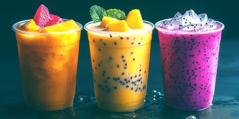 Refreshing tropical fruit drinks displayed with and textures in clear cups