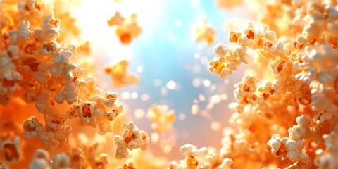 Floating popcorn kernels create a whimsical atmosphere amidst a soft backdrop and illumination, evoking a sense of fun and joy