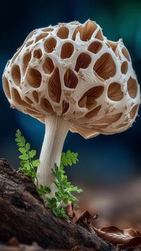 An artistic close-up of a unique mushroom growing beside foliage.