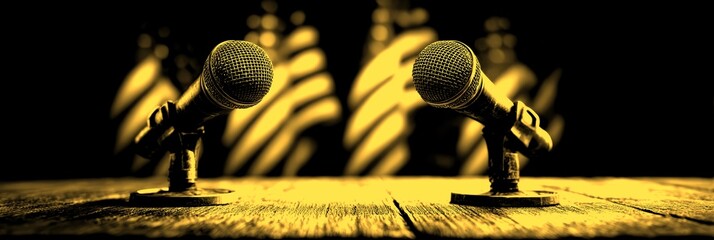 Two microphones set on a rustic wooden table in front of American flags during a political debate