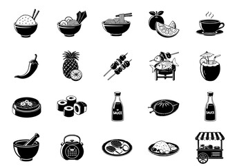 Asian Food and Beverage Icon Set Minimalist Black Vector