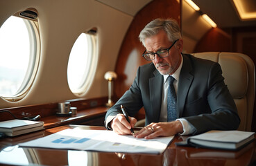 Senior businessman in formal suit writes on documents inside private jet. Focused executive works on business report during flight. Successful man at work in luxury cabin.