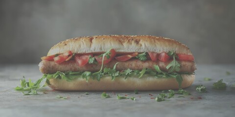 Delicious fresh sandwich with sausage, tomatoes, and greens on a rustic background - Low Contrast