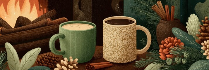 Warm cups of coffee and cocoa by the fireplace create a cozy winter atmosphere in a rustic cabin