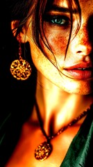 Close-up portrait of a woman with striking features and intricate jewelry in a dimly lit setting - High Contrast