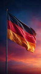 German flag waving proudly against a dramatic sunset sky