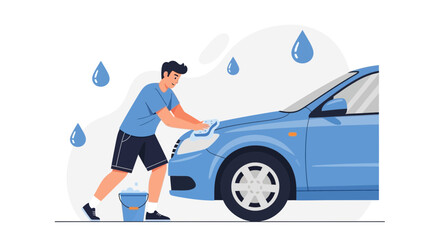 A Young Man Carefully Washing His Blue Automobile During A Sunny Weather Day