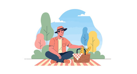 Obraz premium A Young Man Enjoying An Outdoor Picnic With A Basket And Scenic Forest Background