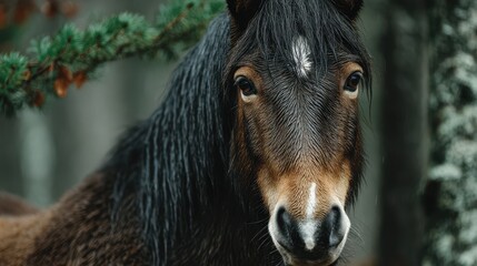 Majestic brown horse gazing intently among misty forest surroundings during early morning light