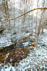 Landscape of the Escouloubres valley under the snow, in the Pyrenees in France