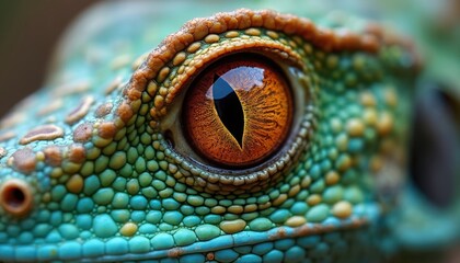 Obraz premium Close up photo of reptile eye. Lizard head with detailed scales is visible. Orange pupil with green and blue skin pattern. Wildlife animals.