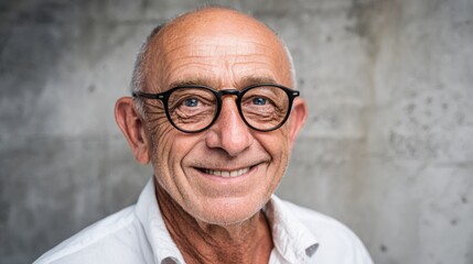 An older man smiles brightly while wearing glasses standing in front of a textured grey concrete wall. His casual attire adds a friendly touch to the atmosphere.