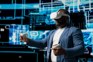 Black IT technician working on deep learning with virtual reality headset, implementing AI models and data visualization systems via neural networks. Programming and cloud computing.