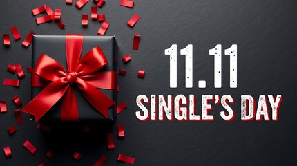 Elegant black gift box with red ribbon and falling red petals for singles day celebration