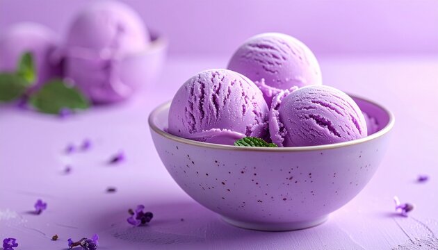 Three scoops of purple ice cream in a speckled ceramic bowl, set against a gradient purple background.