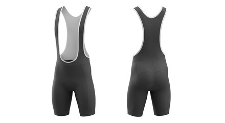 Professional Black Cycling Bib Shorts with Shoulder Straps, Athletic Sportswear for Cyclists, Front and Back Views on Isolated White Background