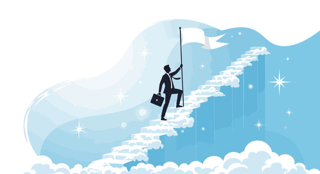 Achieving Professional Goals: Businessman Ascending Cloud-Steps to Success and Victory