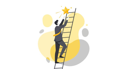 Obraz premium Achieving Success: A Man Reaching For Bright Celestial Target On Ladder Of Progress