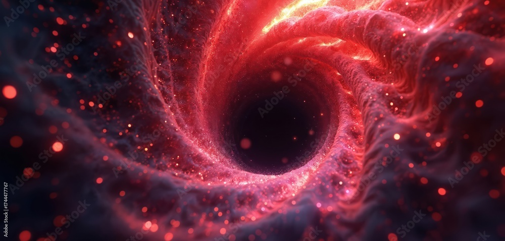 Wall mural abstract red swirling tunnel with sparkling lights. energetic digital vortex. dynamic fractal motion