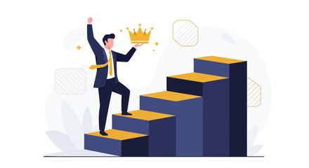 Obraz premium Achieving Success: Businessman Ascends Steps of Prosperity and Claiming Triumph