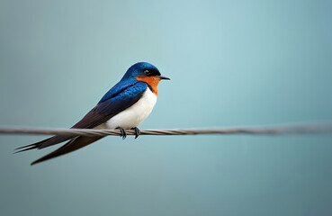 Tree swallow bird with blue iridescent feathers and orange throat rests on a wire against a soft blue sky. This small wild animal is perched alone in nature.