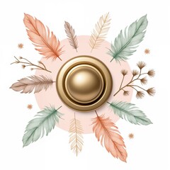 Decorative golden knob surrounded by colorful feathers and leaves  