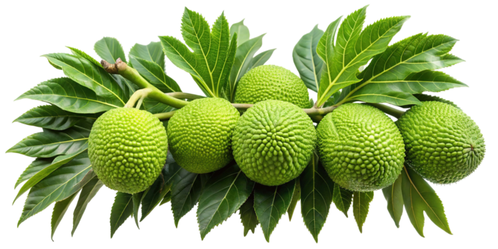 A cluster of ripe green breadfruits hanging from a branch with large leaves isolated on transparent background