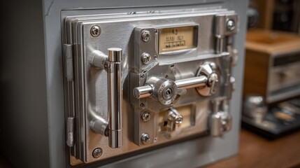 Fototapeta premium Detailed View of a Vintage Safe Showcasing Intricate Lock Mechanism and Stylish Metal Design in a Dimly Lit Room