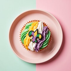 Colorful cupcake with festive frosting on pastel plate  
