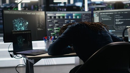 Irked data center admin raging because of malfunctioning node tree software analyzing datasets. Irascible server hub worker exasperated by visual programming tools not improving performance, camera B