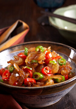 Closeup of a side dish, spicy pork tendon