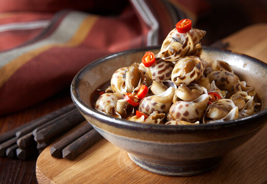 Close-up of a side dish, spicy conch