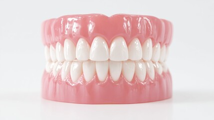 A detailed model shows a set of human teeth in a perfect alignment. The pink gums support the bright white teeth demonstrating dental structure and hygiene.