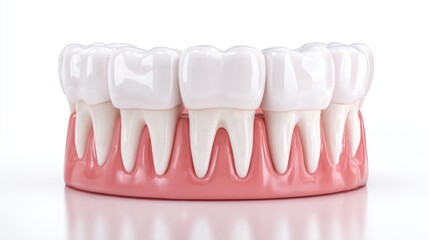 Obraz premium This model showcases a full set of healthy human teeth with well-formed gums. The teeth are white and shiny highlighting good dental hygiene.